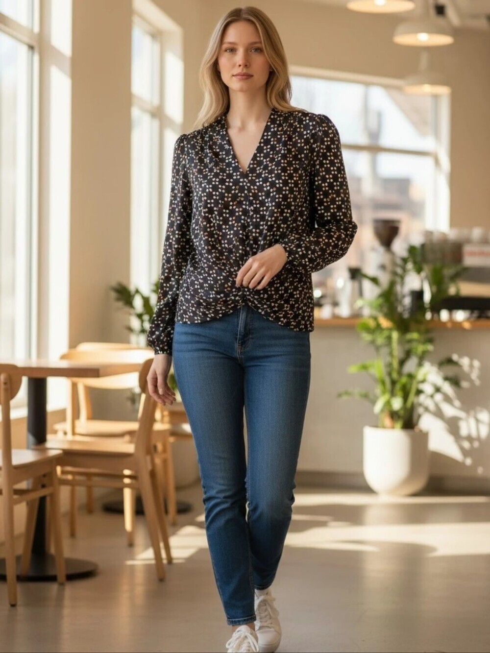 Eva Mendes Black Polka Dot V-Neck Long Sleeve Blouse Size Large